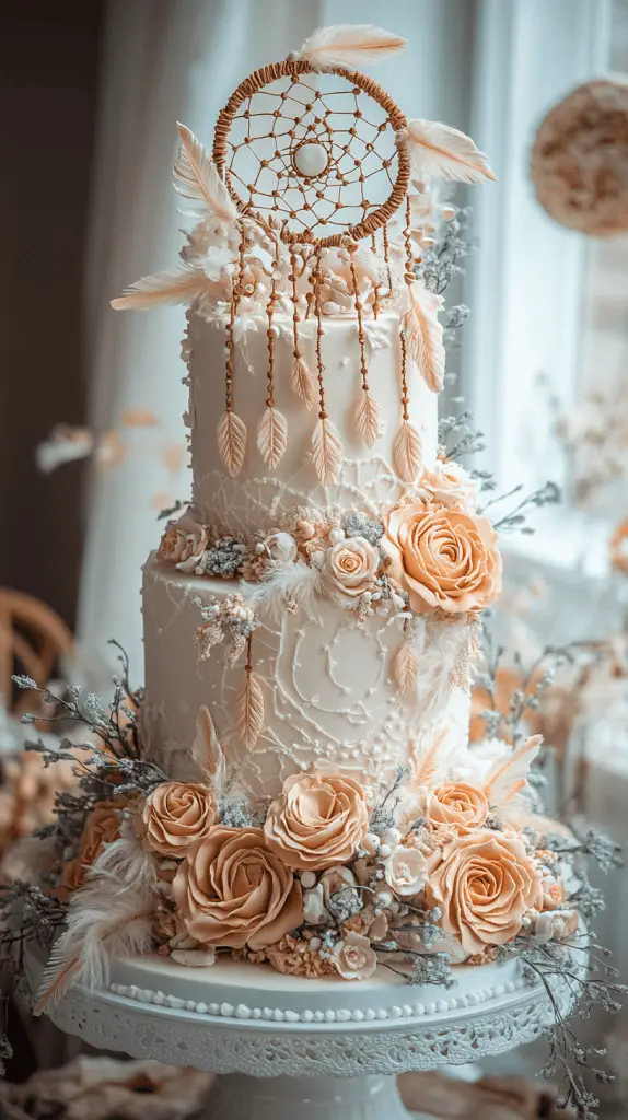 A whimsical boho chic cake adorned with dreamcatcher-inspired fondant decorations, featuring detailed edible feathers and beadwork, reflecting bohemian luxury and storytelling through its design.