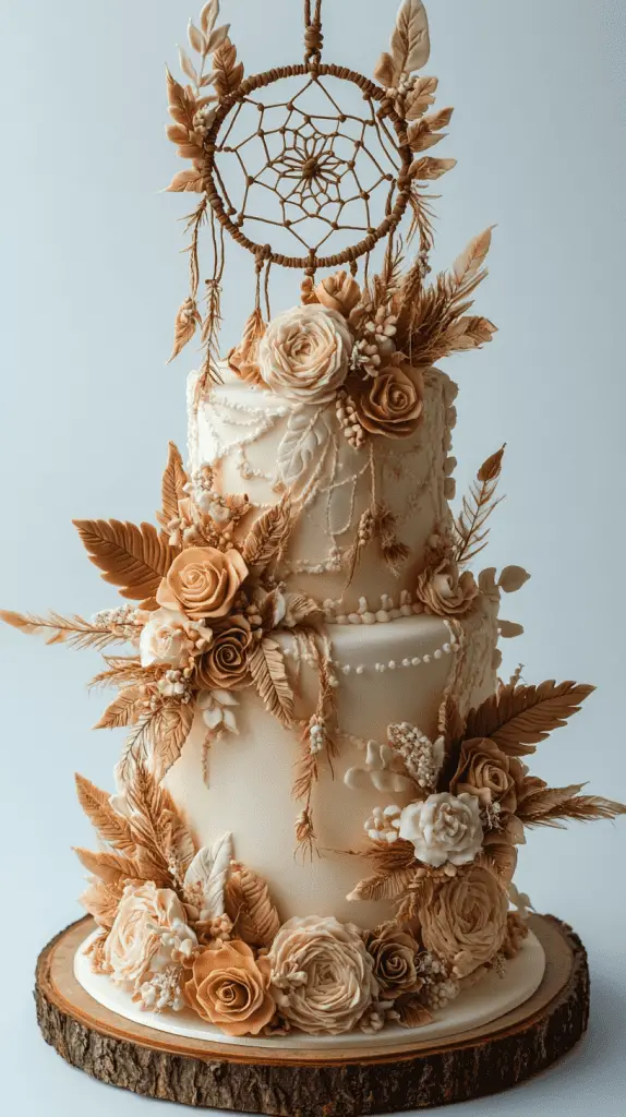 A whimsical boho chic cake adorned with dreamcatcher-inspired fondant decorations,featuring detailed edible feathers and beadwork,reflecting bohemian luxury and storytelling through its design.