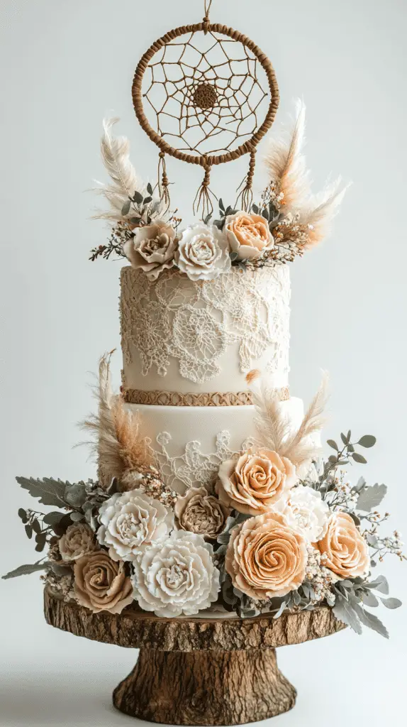 A whimsical boho chic cake adorned with dreamcatcher-inspired fondant decorations, featuring detailed edible feathers and beadwork, reflecting bohemian luxury and storytelling through its design.
