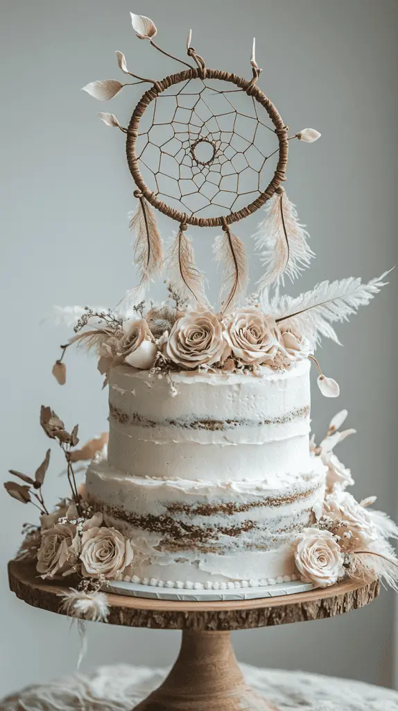 A whimsical boho chic cake adorned with dreamcatcher-inspired fondant decorations, featuring detailed edible feathers and beadwork, reflecting bohemian luxury and storytelling through its design.