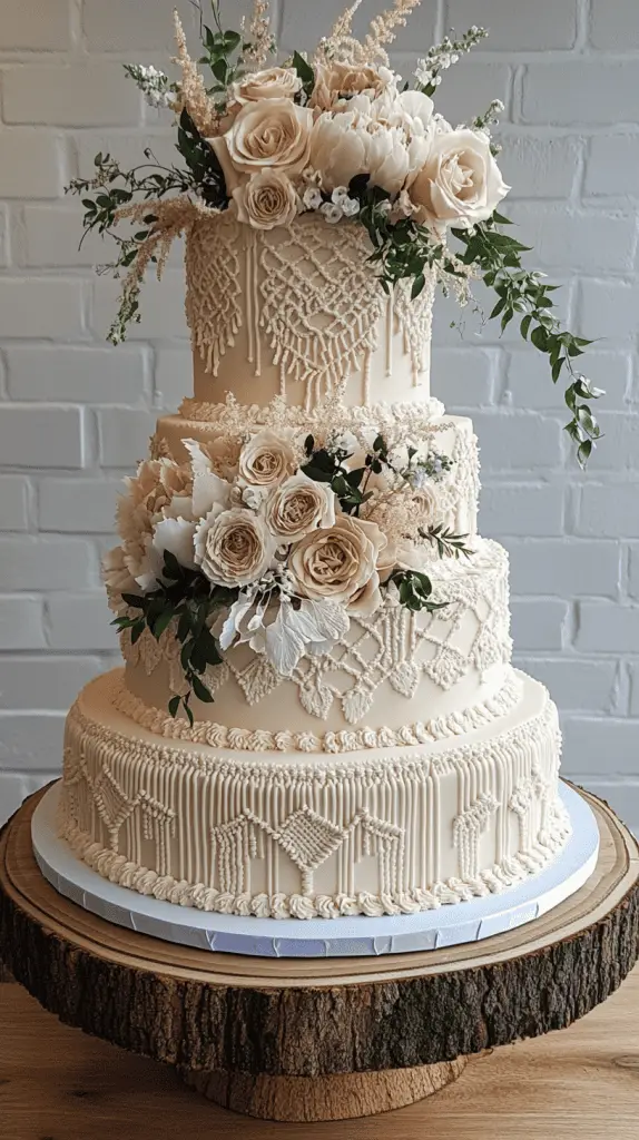 A bohemian wedding cake featuring intricate macramé-inspired frosting designs, with edible lace draped over the tiers to mimic the look of woven patterns, adding a whimsical and artistic touch.