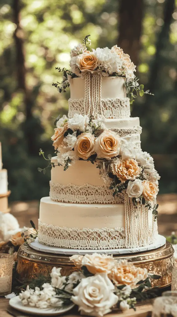 A bohemian wedding cake featuring intricate macramé-inspired frosting designs, with edible lace draped over the tiers to mimic the look of woven patterns, adding a whimsical and artistic touch.