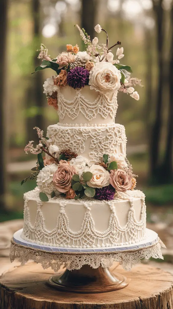 A bohemian wedding cake featuring intricate macramé-inspired frosting designs, with edible lace draped over the tiers to mimic the look of woven patterns, adding a whimsical and artistic touch.