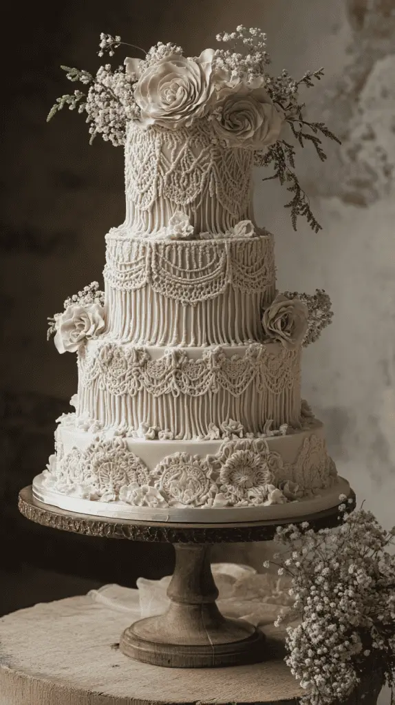A bohemian wedding cake featuring intricate macramé-inspired frosting designs, with edible lace draped over the tiers to mimic the look of woven patterns, adding a whimsical and artistic touch.