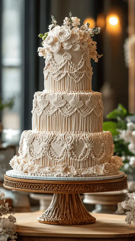 A bohemian wedding cake featuring intricate macramé-inspired frosting designs, with edible lace draped over the tiers to mimic the look of woven patterns, adding a whimsical and artistic touch.
