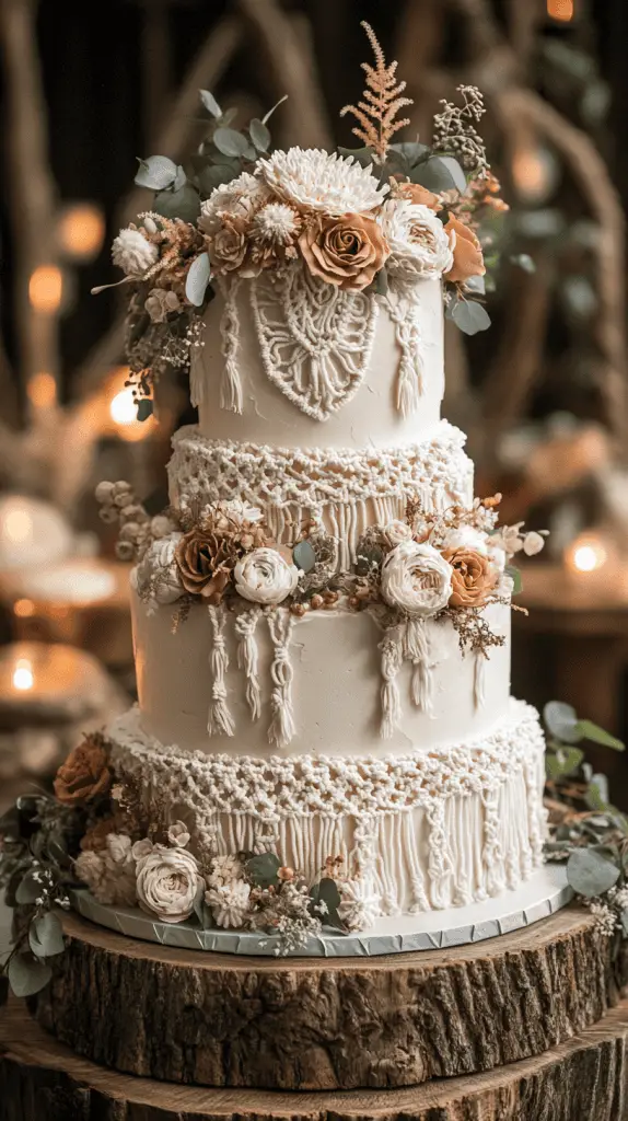 A bohemian wedding cake featuring intricate macramé-inspired frosting designs, with edible lace draped over the tiers to mimic the look of woven patterns, adding a whimsical and artistic touch.