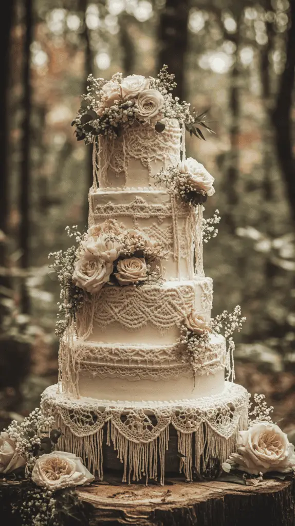 A bohemian wedding cake featuring intricate macramé-inspired frosting designs, with edible lace draped over the tiers to mimic the look of woven patterns, adding a whimsical and artistic touch.