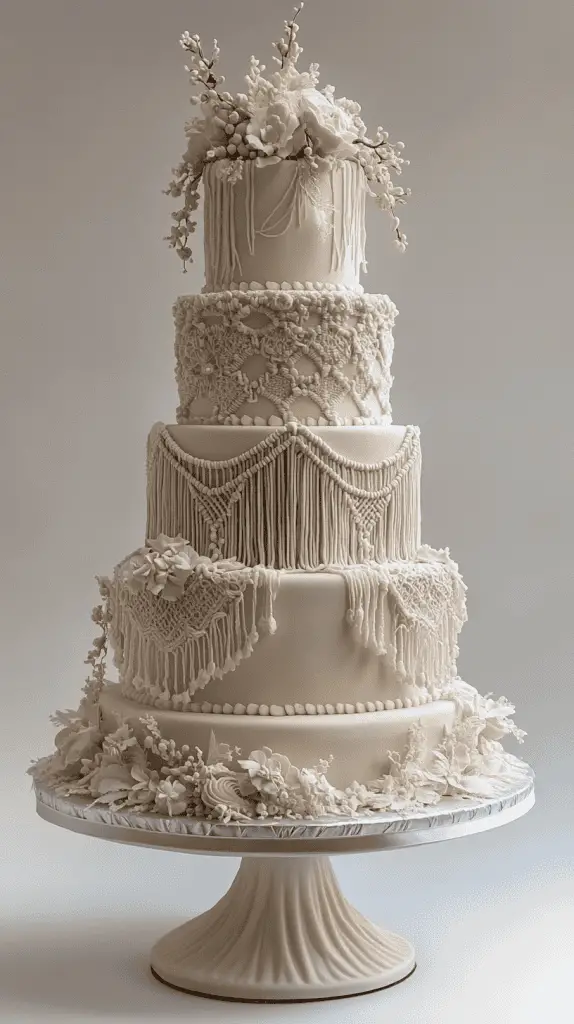 A bohemian wedding cake featuring intricate macramé-inspired frosting designs, with edible lace draped over the tiers to mimic the look of woven patterns, adding a whimsical and artistic touch.