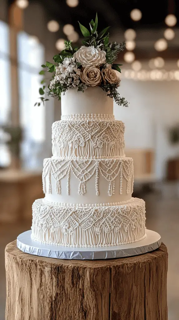 A bohemian wedding cake featuring intricate macramé-inspired frosting designs, with edible lace draped over the tiers to mimic the look of woven patterns, adding a whimsical and artistic touch.
