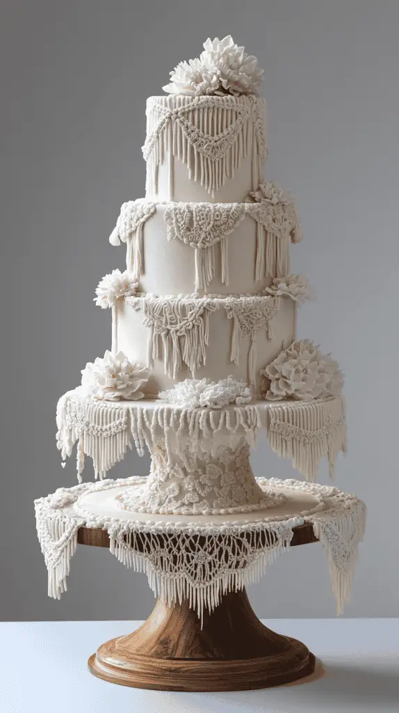 A bohemian wedding cake featuring intricate macramé-inspired frosting designs, with edible lace draped over the tiers to mimic the look of woven patterns, adding a whimsical and artistic touch.