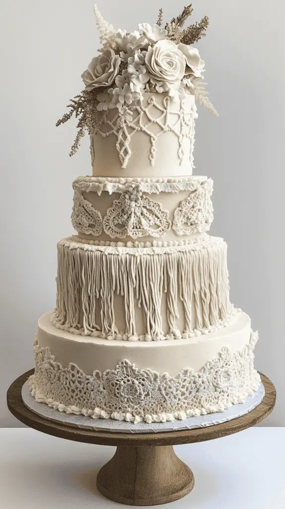 A bohemian wedding cake featuring intricate macramé-inspired frosting designs, with edible lace draped over the tiers to mimic the look of woven patterns, adding a whimsical and artistic touch.
