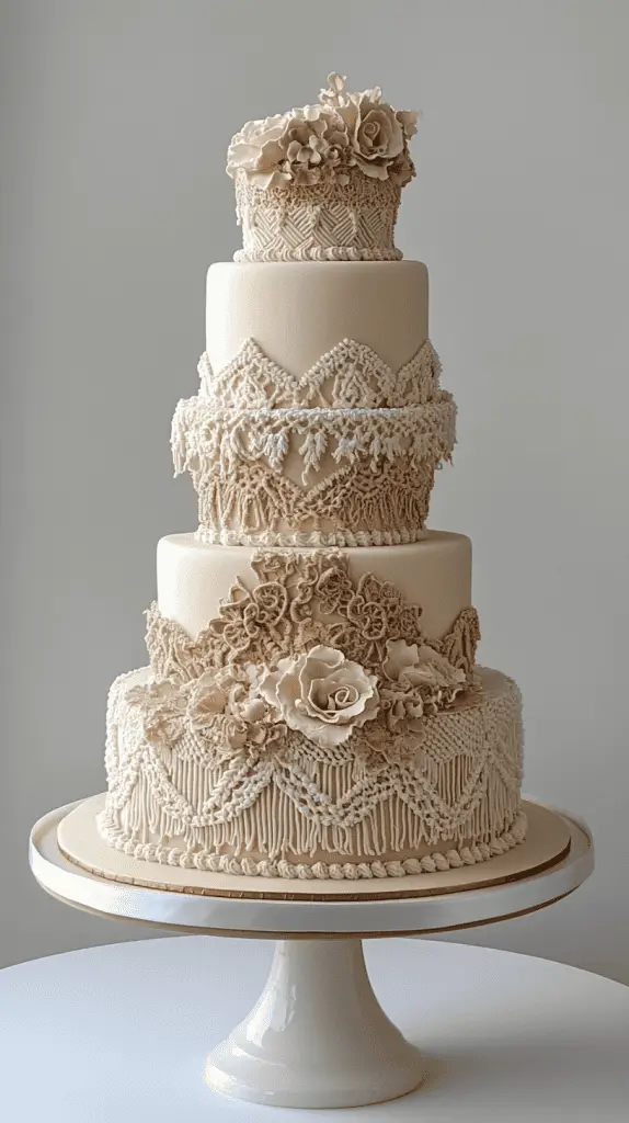 A bohemian wedding cake featuring intricate macramé-inspired frosting designs, with edible lace draped over the tiers to mimic the look of woven patterns, adding a whimsical and artistic touch.