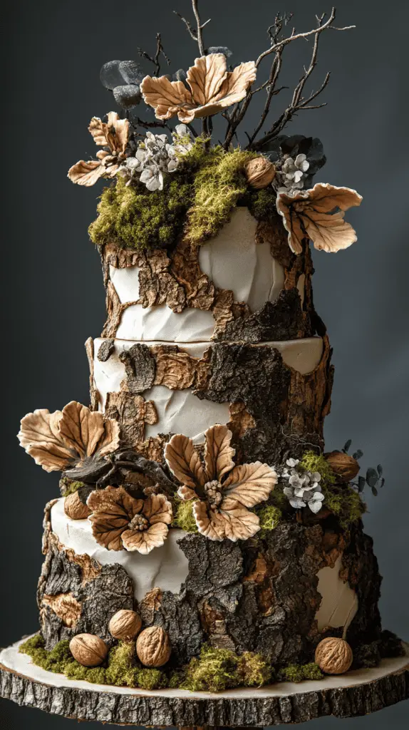 A bohemian wedding cake with bark-like fondant textures, mimicking the appearance of tree bark, adorned with edible moss and nuts, perfect for a woodland or rustic outdoor wedding.