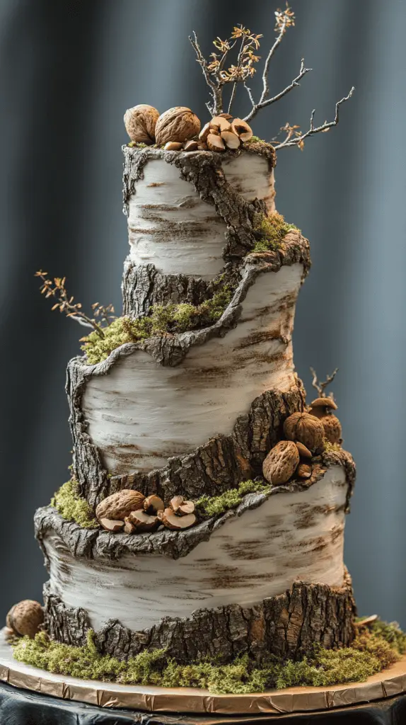 A bohemian wedding cake with bark-like fondant textures, mimicking the appearance of tree bark, adorned with edible moss and nuts, perfect for a woodland or rustic outdoor wedding.