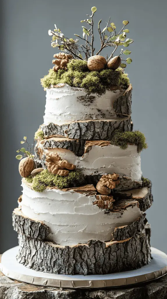 A bohemian wedding cake with bark-like fondant textures, mimicking the appearance of tree bark, adorned with edible moss and nuts, perfect for a woodland or rustic outdoor wedding.