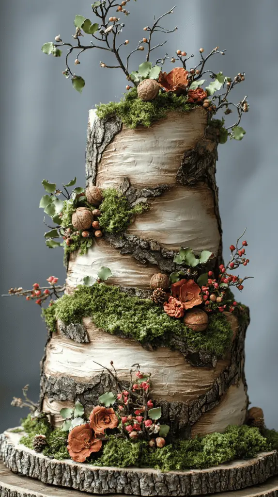 A bohemian wedding cake with bark-like fondant textures, mimicking the appearance of tree bark, adorned with edible moss and nuts, perfect for a woodland or rustic outdoor wedding.