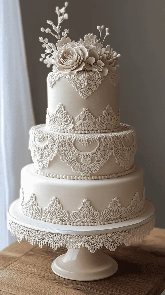 A boho chic wedding cake adorned with intricate piped icing in lace and crochet-inspired patterns, featuring muted tones of ivory and beige for a romantic, vintage feel.