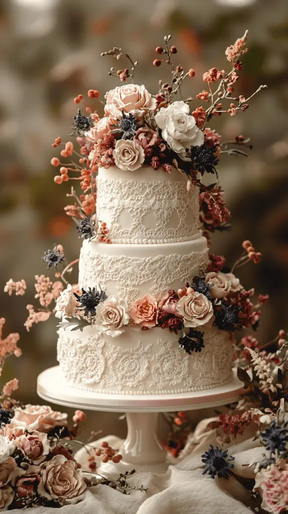A boho chic wedding cake adorned with intricate piped icing in lace and crochet-inspired patterns, featuring muted tones of ivory and beige for a romantic, vintage feel.