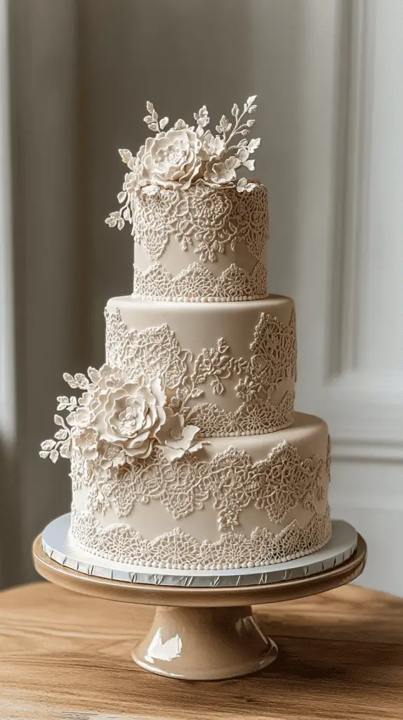 A boho chic wedding cake adorned with intricate piped icing in lace and crochet-inspired patterns, featuring muted tones of ivory and beige for a romantic, vintage feel.