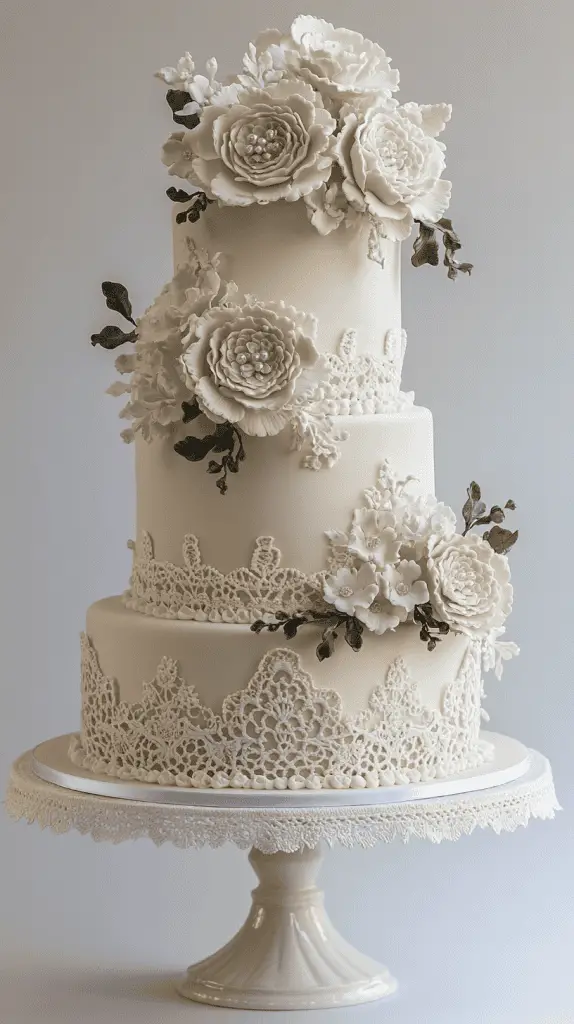 A boho chic wedding cake adorned with intricate piped icing in lace and crochet-inspired patterns, featuring muted tones of ivory and beige for a romantic, vintage feel.