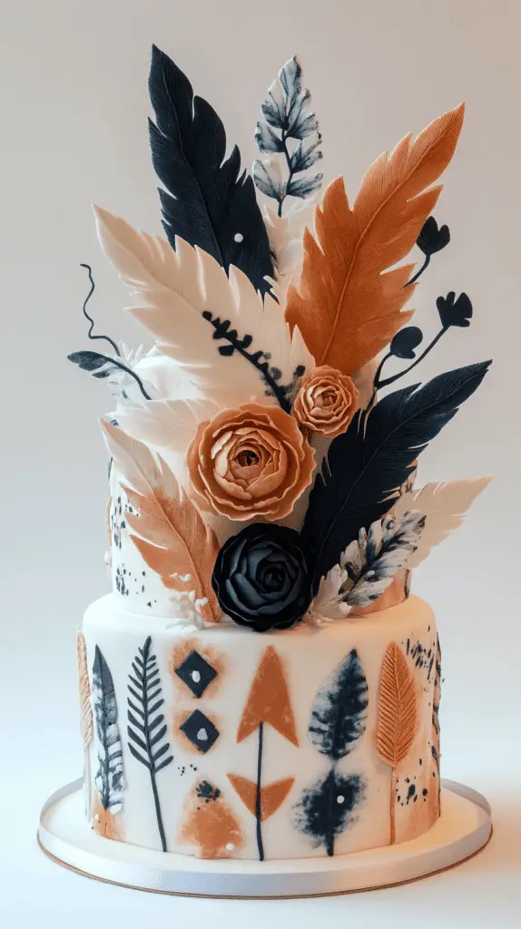 y at 17:22 A boho chic cake decorated with wafer paper feathers and subtle geometric arrow patterns, blending natural textures with tribal elements for a unique, free-spirited design.