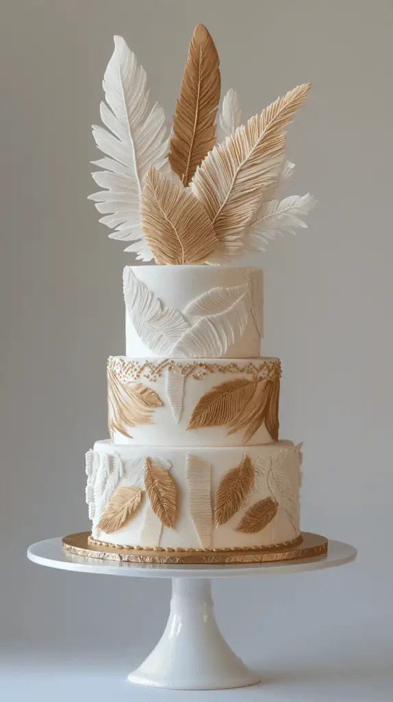 y at 17:22 A boho chic cake decorated with wafer paper feathers and subtle geometric arrow patterns, blending natural textures with tribal elements for a unique, free-spirited design.