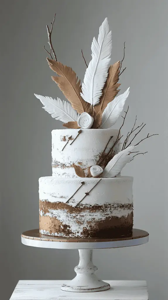 y at 17:22 A boho chic cake decorated with wafer paper feathers and subtle geometric arrow patterns,blending natural textures with tribal elements for a unique,free-spirited design.