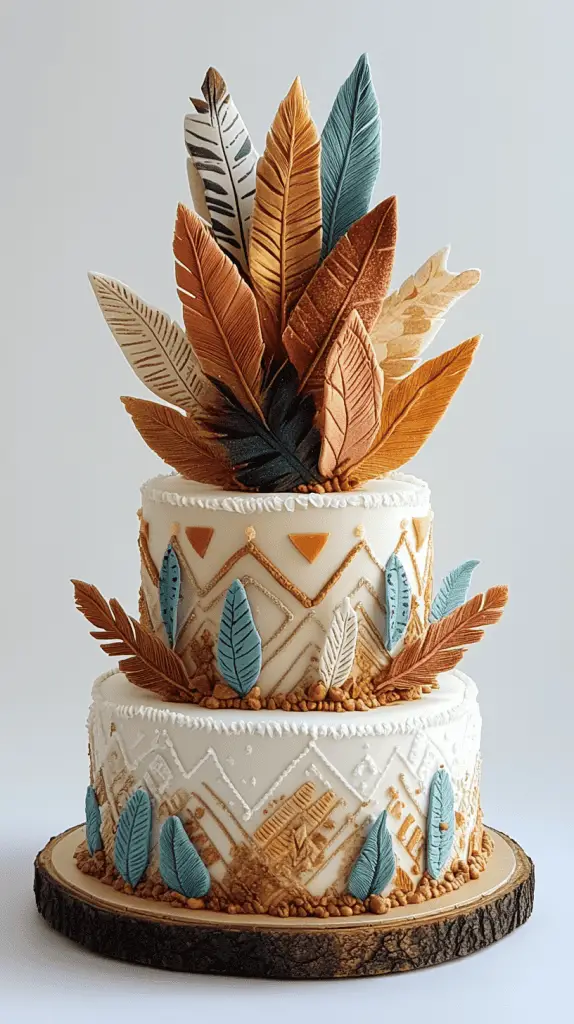 y at 17:22 A boho chic cake decorated with wafer paper feathers and subtle geometric arrow patterns, blending natural textures with tribal elements for a unique, free-spirited design.
