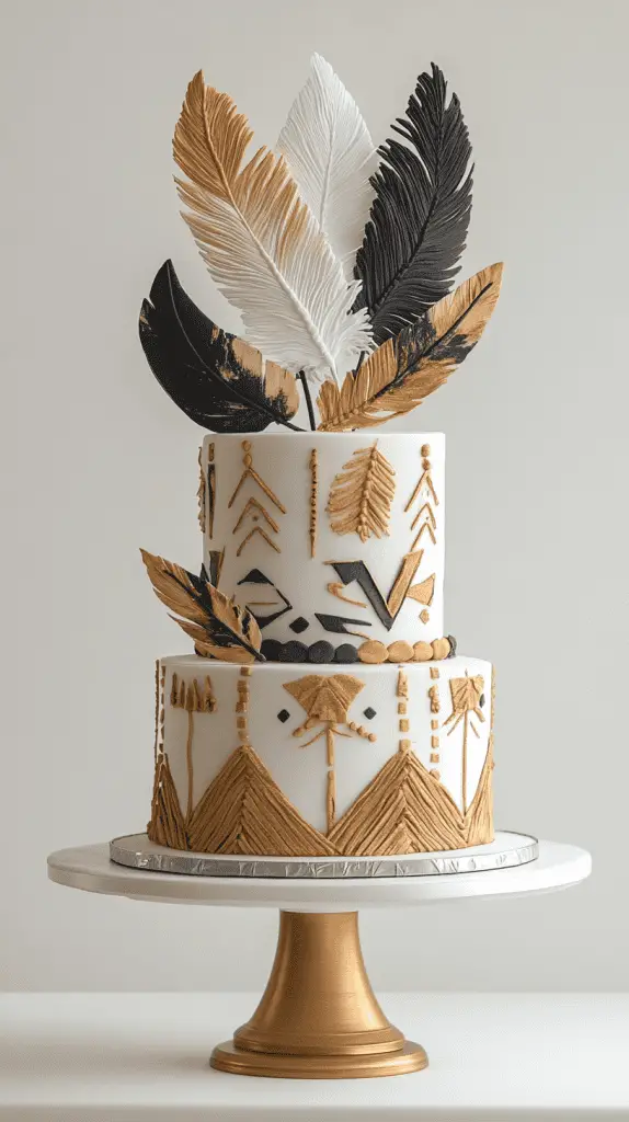 y at 17:22 A boho chic cake decorated with wafer paper feathers and subtle geometric arrow patterns, blending natural textures with tribal elements for a unique, free-spirited design.