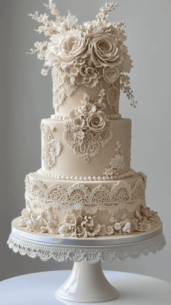 A boho chic wedding cake adorned with intricate piped icing in lace and crochet-inspired patterns, featuring muted tones of ivory and beige for a romantic, vintage feel.