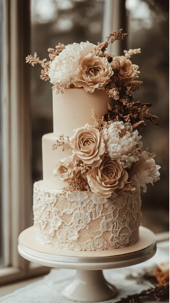A boho chic wedding cake adorned with intricate piped icing in lace and crochet-inspired patterns, featuring muted tones of ivory and beige for a romantic, vintage feel.