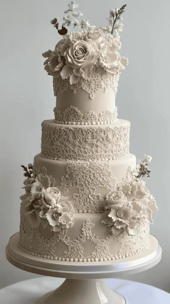 A boho chic wedding cake adorned with intricate piped icing in lace and crochet-inspired patterns, featuring muted tones of ivory and beige for a romantic, vintage feel.