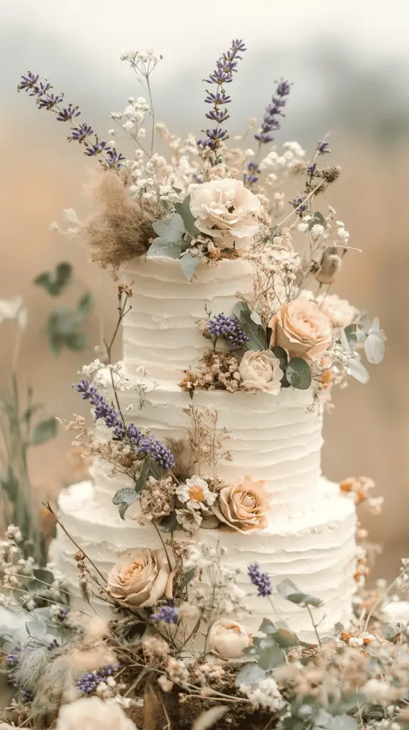 A boho chic wedding cake decorated with dried flowers and sprigs of greenery, featuring elements like eucalyptus and lavender, giving it a vintage feel that complements a neutral, earthy color palette.