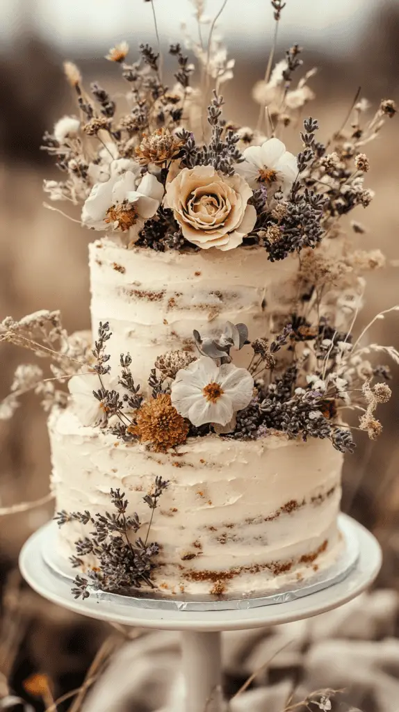 A boho chic wedding cake decorated with dried flowers and sprigs of greenery,featuring elements like eucalyptus and lavender,giving it a vintage feel that complements a neutral,earthy color palette.