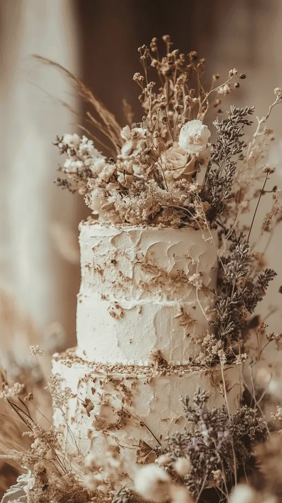 A boho chic wedding cake decorated with dried flowers and sprigs of greenery, featuring elements like eucalyptus and lavender, giving it a vintage feel that complements a neutral, earthy color palette.