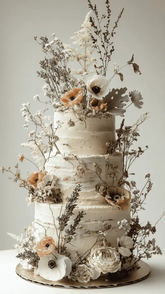 A boho chic wedding cake decorated with dried flowers and sprigs of greenery, featuring elements like eucalyptus and lavender, giving it a vintage feel that complements a neutral, earthy color palette.