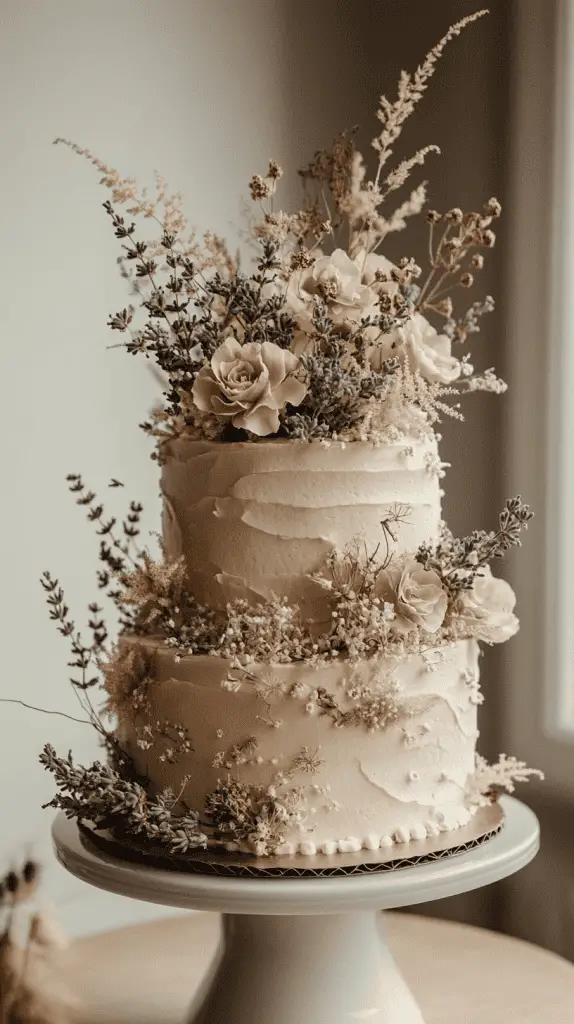 A boho chic wedding cake decorated with dried flowers and sprigs of greenery, featuring elements like eucalyptus and lavender, giving it a vintage feel that complements a neutral, earthy color palette.
