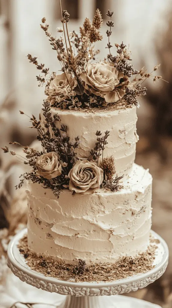 A boho chic wedding cake decorated with dried flowers and sprigs of greenery, featuring elements like eucalyptus and lavender, giving it a vintage feel that complements a neutral, earthy color palette.