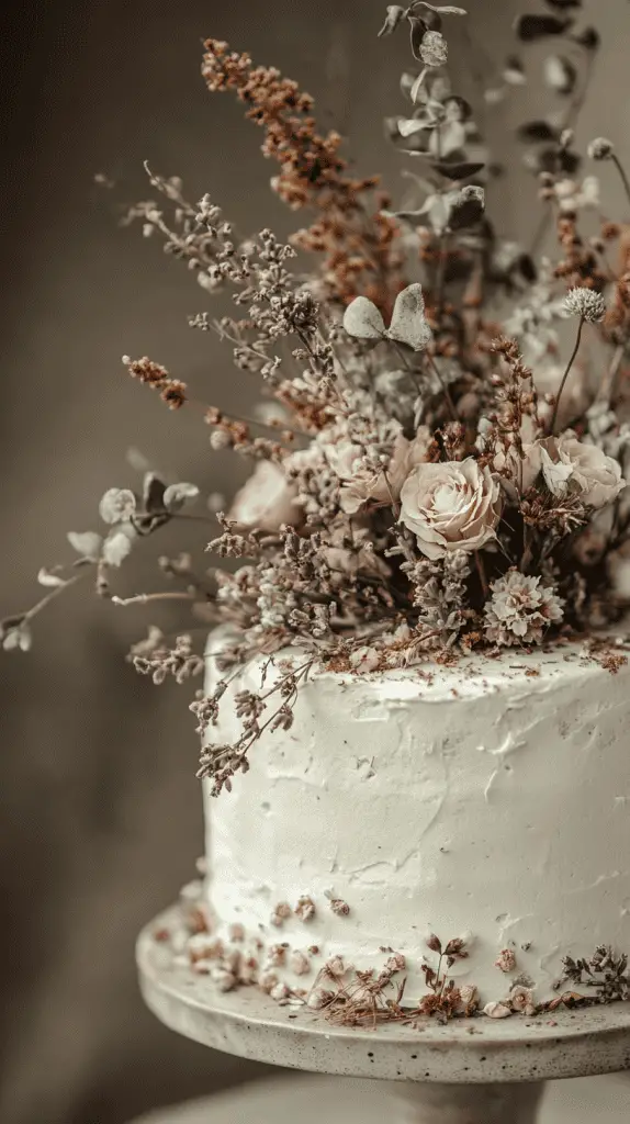 A boho chic wedding cake decorated with dried flowers and sprigs of greenery, featuring elements like eucalyptus and lavender, giving it a vintage feel that complements a neutral, earthy color palette.