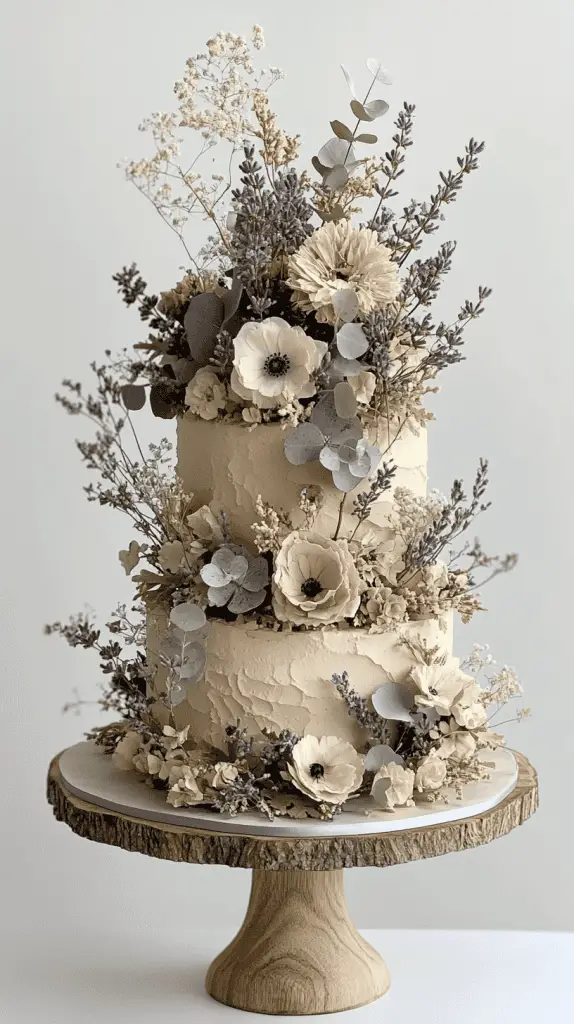A boho chic wedding cake decorated with dried flowers and sprigs of greenery, featuring elements like eucalyptus and lavender, giving it a vintage feel that complements a neutral, earthy color palette.