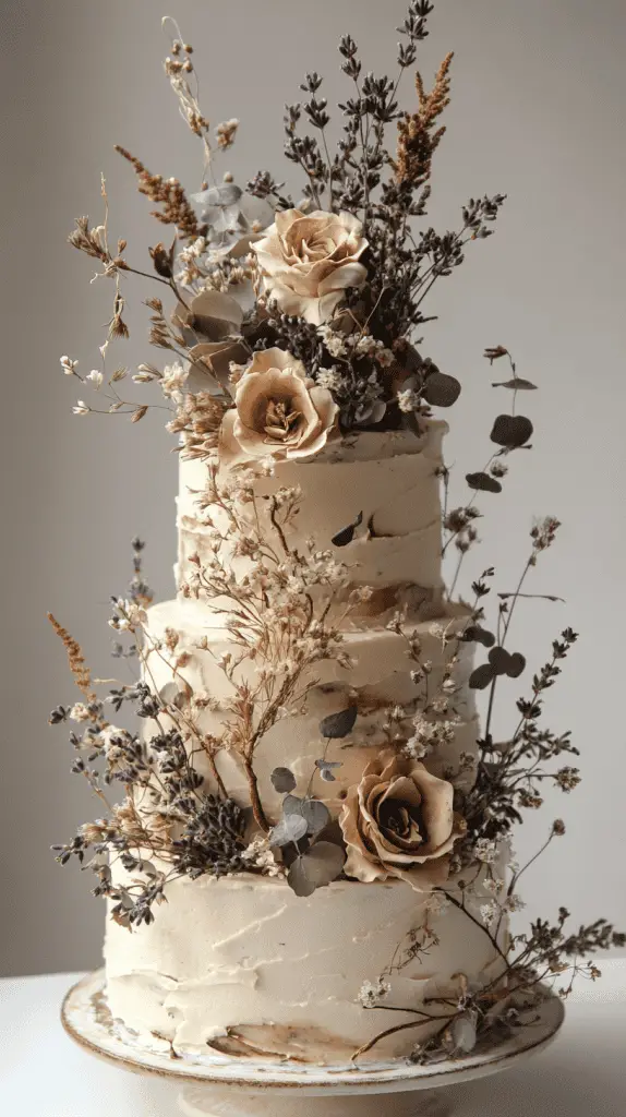A boho chic wedding cake decorated with dried flowers and sprigs of greenery,featuring elements like eucalyptus and lavender,giving it a vintage feel that complements a neutral,earthy color palette.