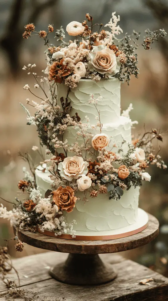 A three-tier boho chic cake with fondant in warm earth tones, including muted terracotta and sage, accented with natural embellishments like dried eucalyptus and ivory blooms.