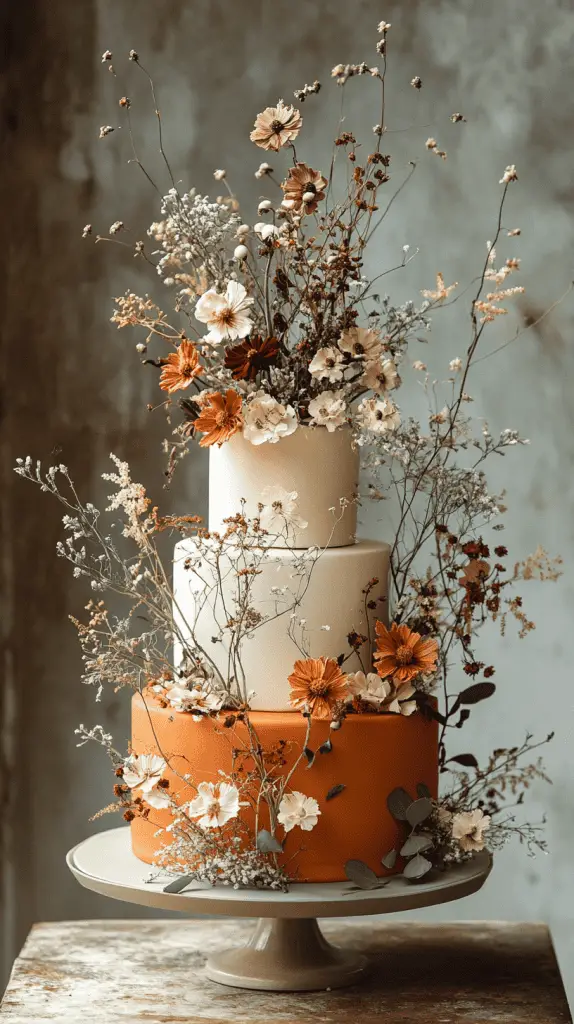 A three-tier boho chic cake with fondant in warm earth tones, including muted terracotta and sage, accented with natural embellishments like dried eucalyptus and ivory blooms.