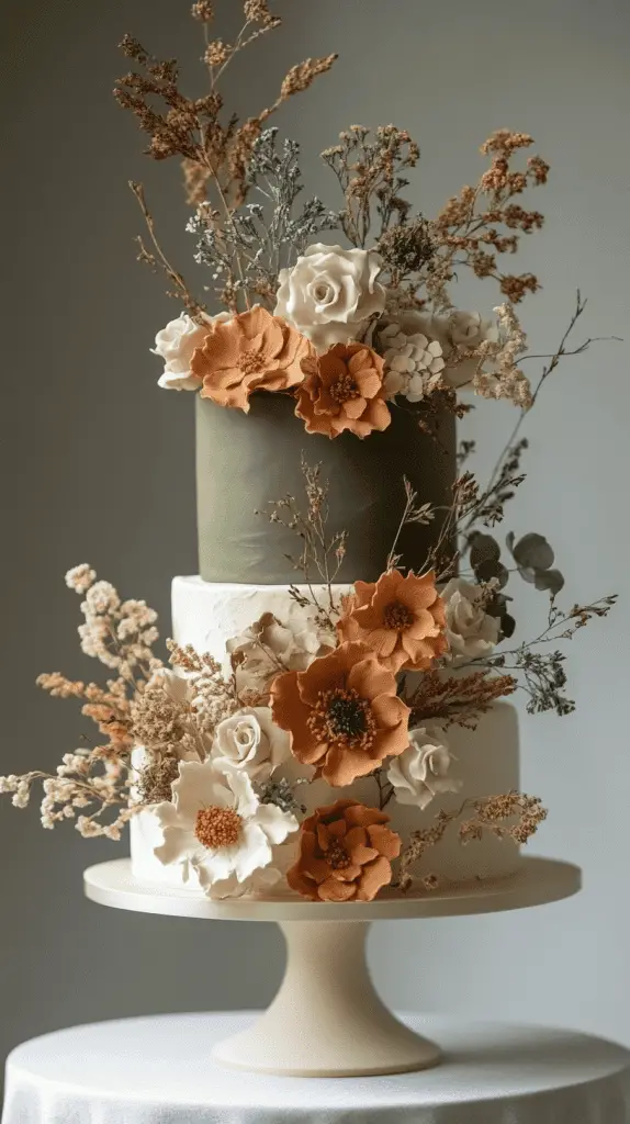 A three-tier boho chic cake with fondant in warm earth tones, including muted terracotta and sage, accented with natural embellishments like dried eucalyptus and ivory blooms.