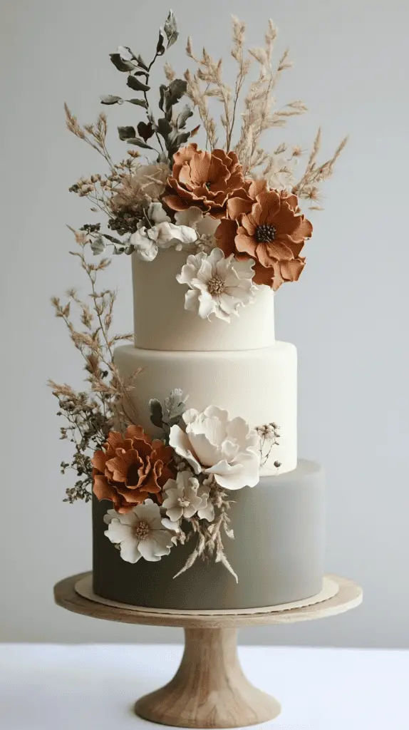 A three-tier boho chic cake with fondant in warm earth tones, including muted terracotta and sage, accented with natural embellishments like dried eucalyptus and ivory blooms.