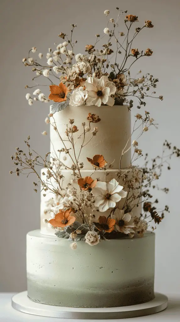 A three-tier boho chic cake with fondant in warm earth tones, including muted terracotta and sage, accented with natural embellishments like dried eucalyptus and ivory blooms.
