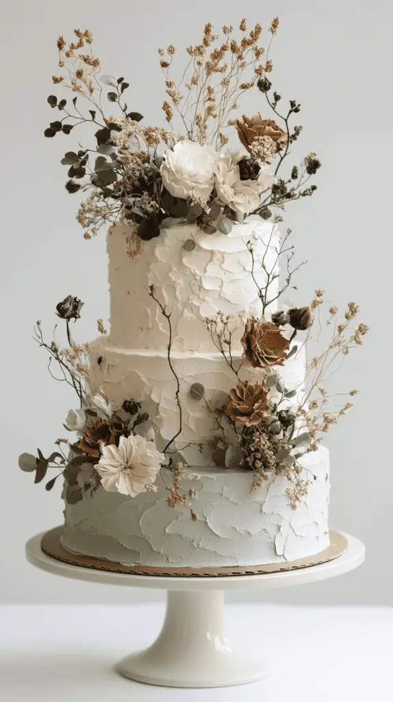 A three-tier boho chic cake with fondant in warm earth tones, including muted terracotta and sage, accented with natural embellishments like dried eucalyptus and ivory blooms.