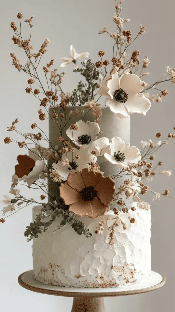 A three-tier boho chic cake with fondant in warm earth tones, including muted terracotta and sage, accented with natural embellishments like dried eucalyptus and ivory blooms.