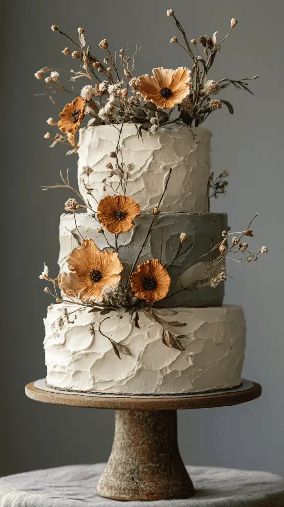 A three-tier boho chic cake with fondant in warm earth tones,including muted terracotta and sage,accented with natural embellishments like dried eucalyptus and ivory blooms.