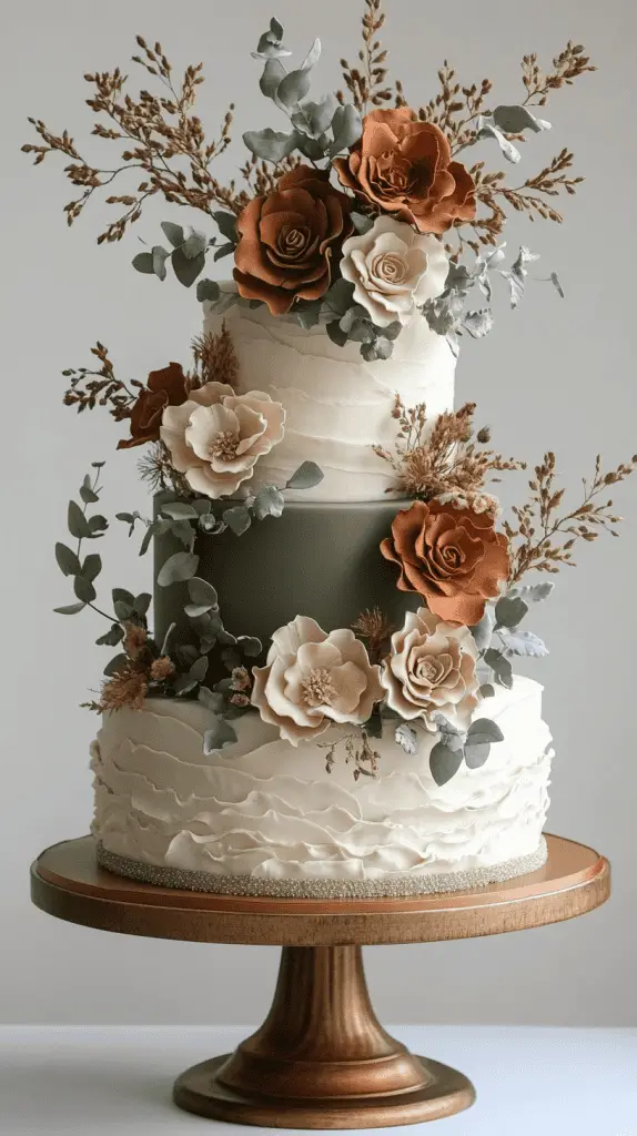A three-tier boho chic cake with fondant in warm earth tones, including muted terracotta and sage, accented with natural embellishments like dried eucalyptus and ivory blooms.